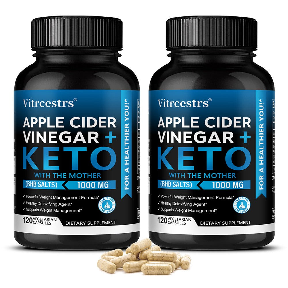 Vitrcestrs® Apple Cider Vinegar + Keto Capsules with BHB Salts (1000mg) – Weight Loss & Detox Support Supplement (120 Vegetarian Capsules)