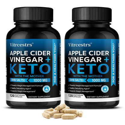 Vitrcestrs® Apple Cider Vinegar + Keto Capsules with BHB Salts (1000mg) – Weight Loss & Detox Support Supplement (120 Vegetarian Capsules)