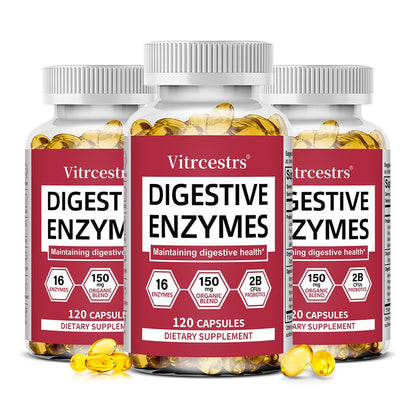 Vitrcestrs® Digestive Enzymes 120 Capsules | 16 Enzymes, 150mg Organic Blend & 2B Probiotics